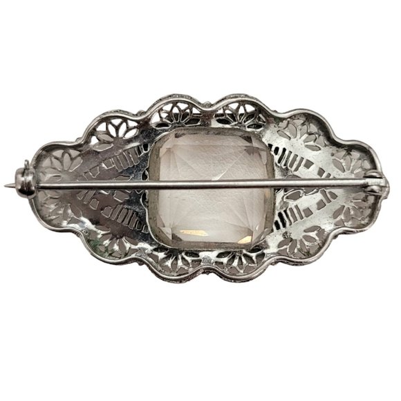 Silver Tone Rhodium Plated Art Deco Clear Rhinestone Filigree Brooch Pin E199 - Picture 4 of 9